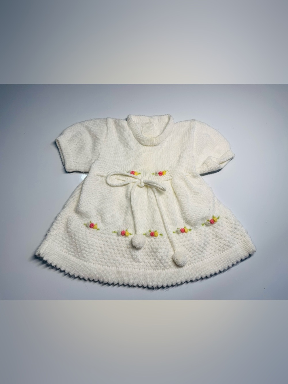 Vintage White Knit Sweater Dress Baby Girls With Flower Accents